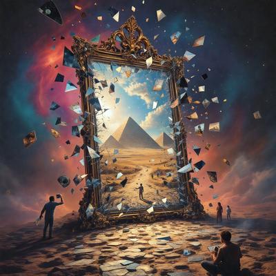 The primary subject of the image is a man sitting on the ground in front of a large, ornate mirror. The mirror is shattered into many pieces, creating a unique and artistic visual effect. The setting appears to be a desert-like environment, with a backdrop of sand and a sky visible in the background. The visual style of the image is a combination of digital art and illustration, creating a surreal and intriguing atmosphere. The colors in the image are predominantly earth tones, such as browns